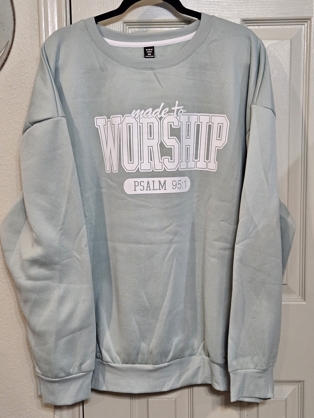 SHEIN Light Sage Green "Made to Worship" Crewneck Sweatshirt